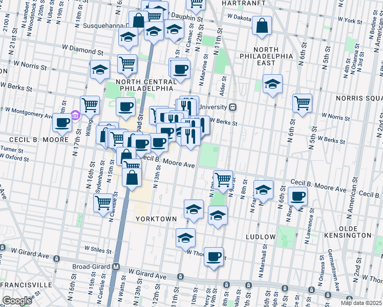 map of restaurants, bars, coffee shops, grocery stores, and more near 1717 North 12th Street in Philadelphia