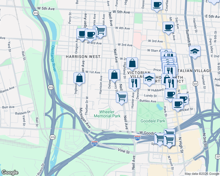 map of restaurants, bars, coffee shops, grocery stores, and more near 336 West Hubbard Avenue in Columbus