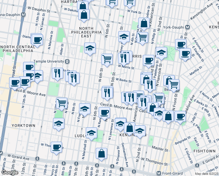 map of restaurants, bars, coffee shops, grocery stores, and more near 1812 Germantown Avenue in Philadelphia
