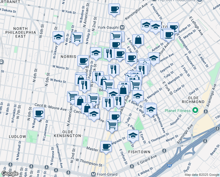 map of restaurants, bars, coffee shops, grocery stores, and more near 1900 North Front Street in Philadelphia