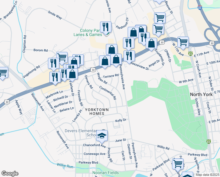map of restaurants, bars, coffee shops, grocery stores, and more near 1405 Continental Road in York