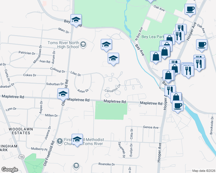 map of restaurants, bars, coffee shops, grocery stores, and more near 393 Begonia Court in Toms River
