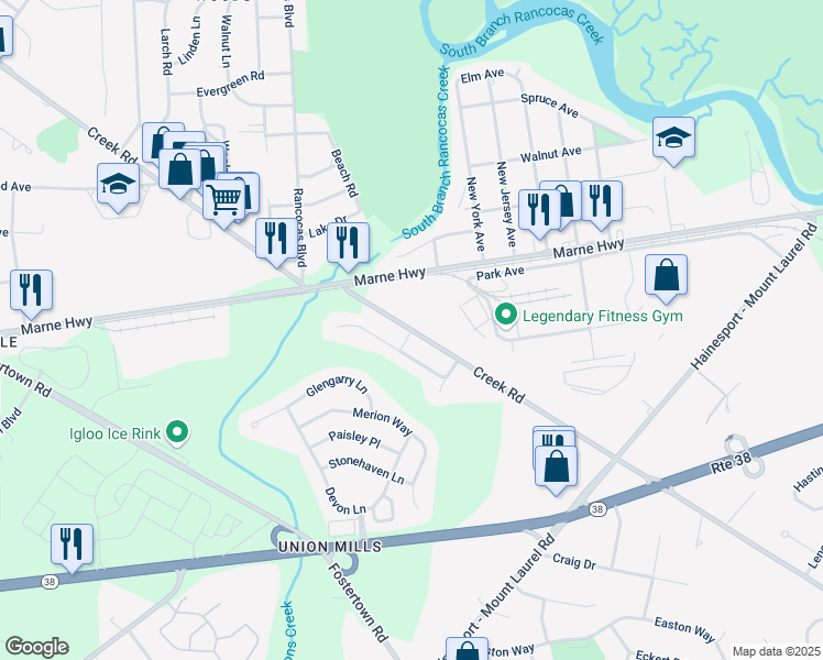 map of restaurants, bars, coffee shops, grocery stores, and more near 2835 Creek Road in Hainesport