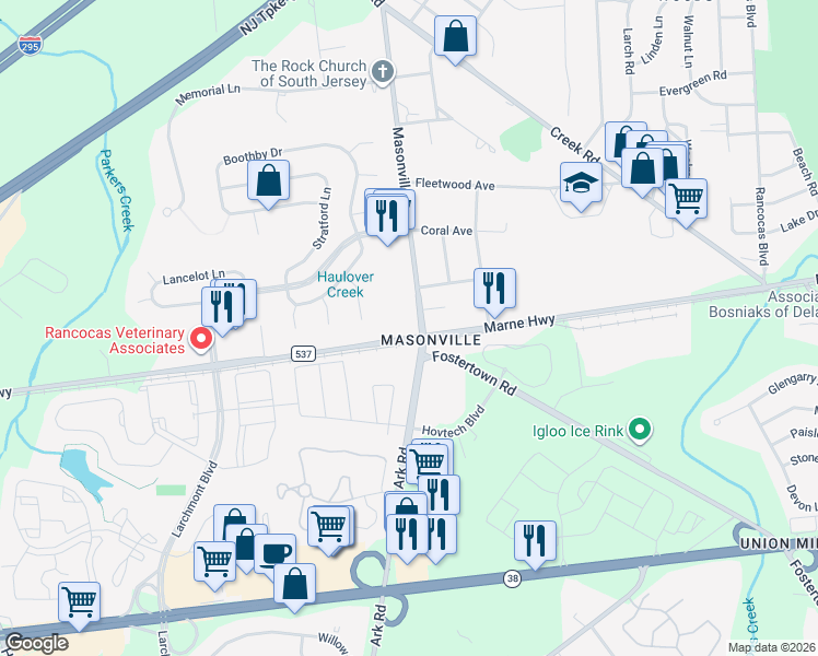map of restaurants, bars, coffee shops, grocery stores, and more near 3101 Marne Highway in Mount Laurel