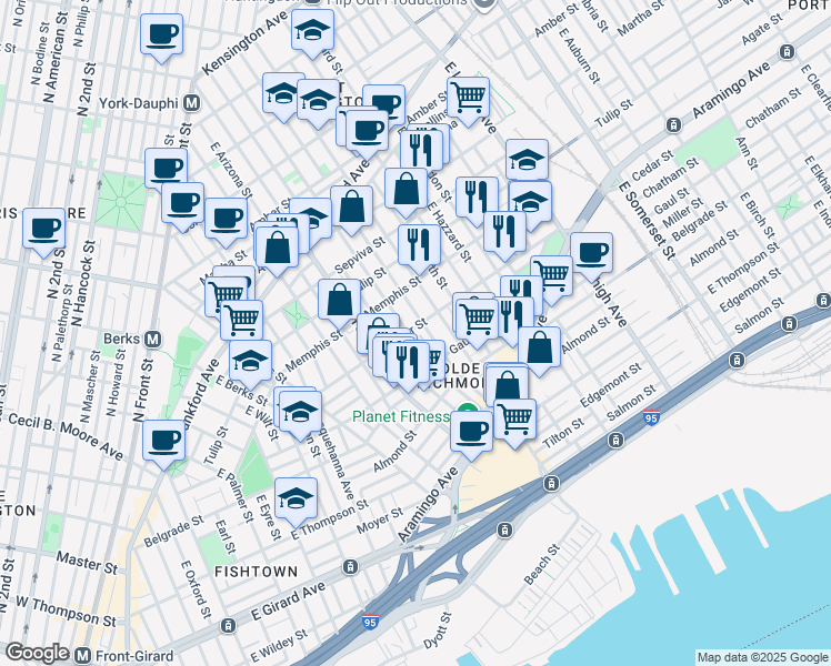map of restaurants, bars, coffee shops, grocery stores, and more near 2356 East Cumberland Street in Philadelphia