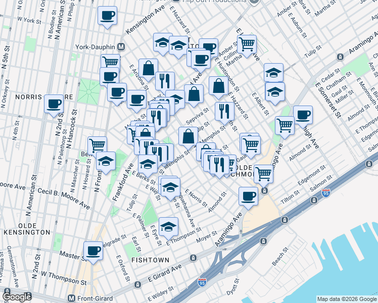 map of restaurants, bars, coffee shops, grocery stores, and more near 2312 East York Street in Philadelphia