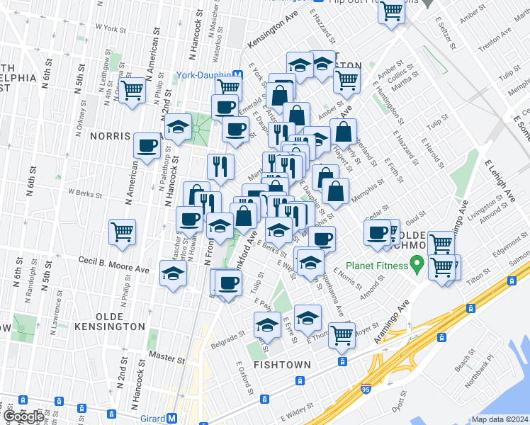 map of restaurants, bars, coffee shops, grocery stores, and more near 2028 Blair Street in Philadelphia