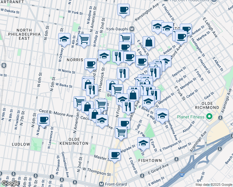 map of restaurants, bars, coffee shops, grocery stores, and more near 1936 North Front Street in Philadelphia