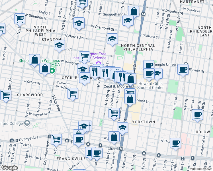 map of restaurants, bars, coffee shops, grocery stores, and more near in Philadelphia