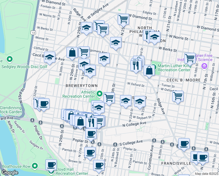 map of restaurants, bars, coffee shops, grocery stores, and more near 1540 North Stillman Street in Philadelphia