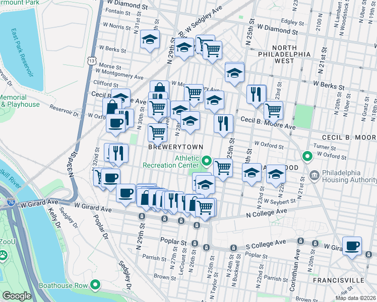 map of restaurants, bars, coffee shops, grocery stores, and more near 1543 North Marston Street in Philadelphia