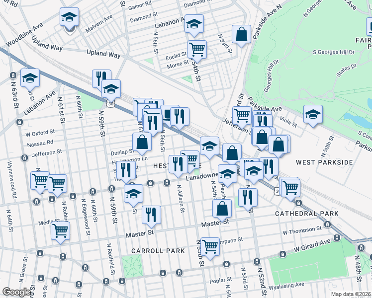 map of restaurants, bars, coffee shops, grocery stores, and more near 1712 North 55th Street in Philadelphia