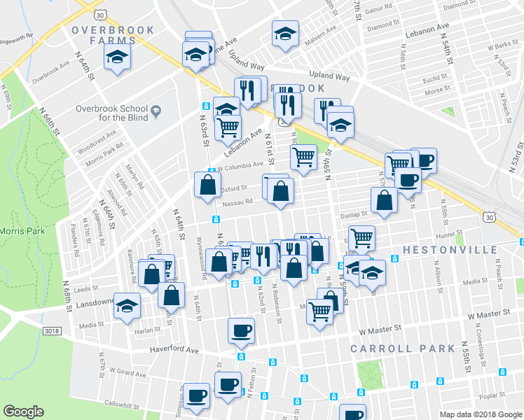 map of restaurants, bars, coffee shops, grocery stores, and more near 6107 Nassau Road in Philadelphia