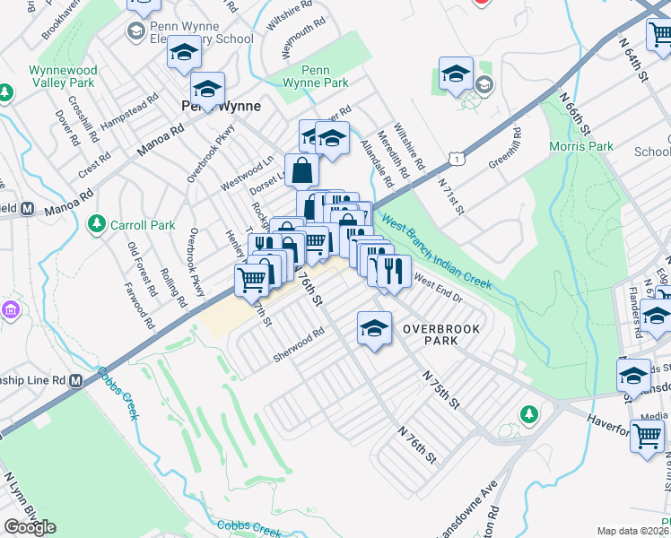 map of restaurants, bars, coffee shops, grocery stores, and more near 7543 Haverford Avenue in Philadelphia