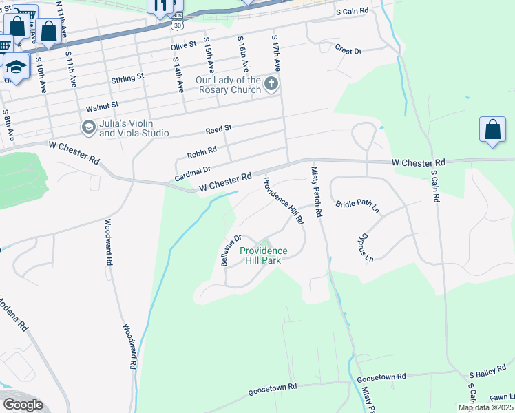 map of restaurants, bars, coffee shops, grocery stores, and more near 63 Narragansett Lane in Coatesville