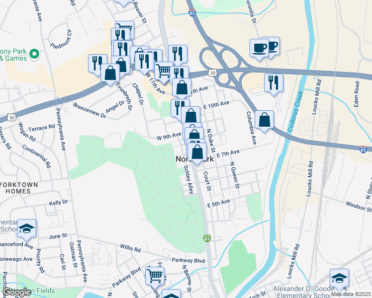 map of restaurants, bars, coffee shops, grocery stores, and more near 1206 North George Street in York