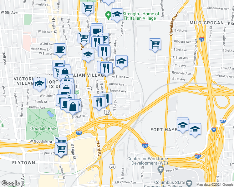 map of restaurants, bars, coffee shops, grocery stores, and more near 275 Auden Avenue in Columbus