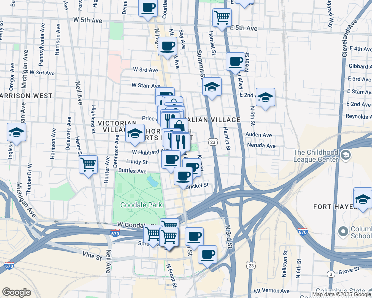 map of restaurants, bars, coffee shops, grocery stores, and more near in Columbus
