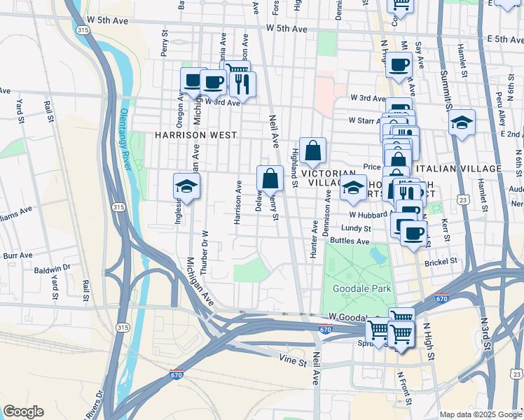 map of restaurants, bars, coffee shops, grocery stores, and more near 326 Wilber Avenue in Columbus