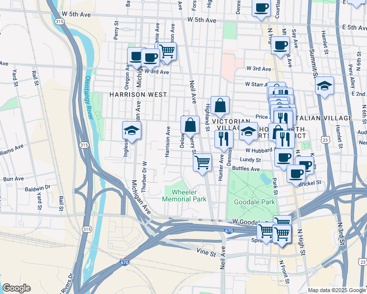 map of restaurants, bars, coffee shops, grocery stores, and more near 326 Wilber Avenue in Columbus