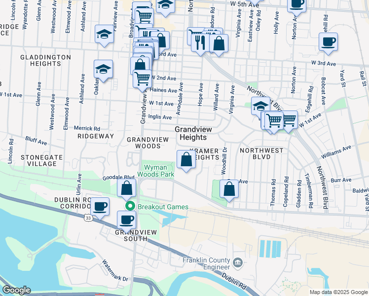 map of restaurants, bars, coffee shops, grocery stores, and more near 1371 Mulford Road in Columbus