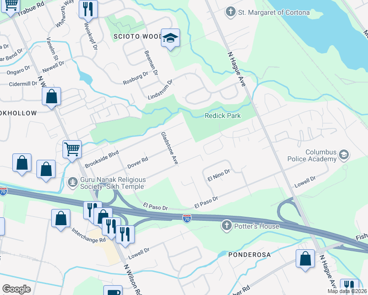 map of restaurants, bars, coffee shops, grocery stores, and more near 3254 Dover Road in Columbus