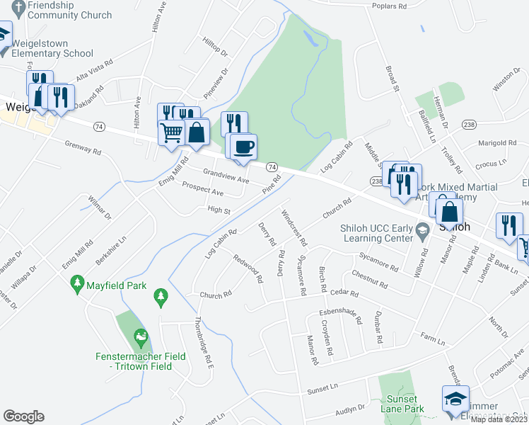 map of restaurants, bars, coffee shops, grocery stores, and more near 2351 Log Cabin Road in York