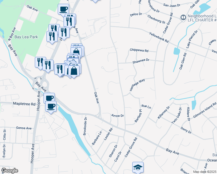 map of restaurants, bars, coffee shops, grocery stores, and more near 754 High Meadow Drive in Toms River