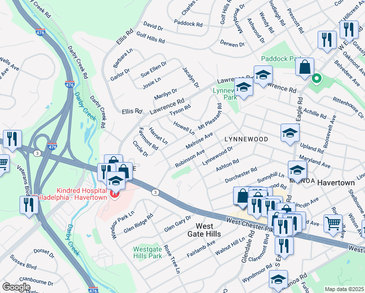 map of restaurants, bars, coffee shops, grocery stores, and more near 1801 Melrose Avenue in Havertown