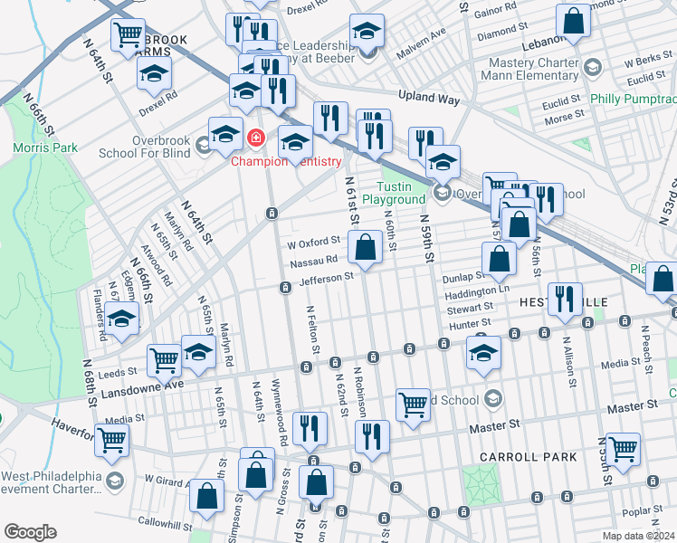 map of restaurants, bars, coffee shops, grocery stores, and more near 6135 West Jefferson Street in Philadelphia