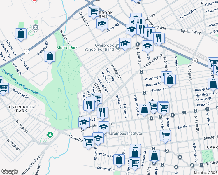 map of restaurants, bars, coffee shops, grocery stores, and more near 1134 North 65th Street in Philadelphia