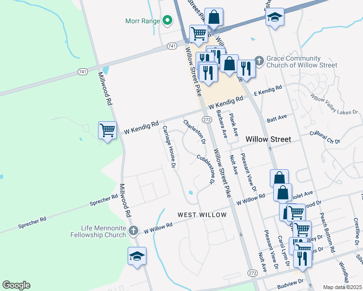 map of restaurants, bars, coffee shops, grocery stores, and more near 12 Cobblestone Drive in Willow Street