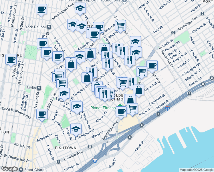 map of restaurants, bars, coffee shops, grocery stores, and more near 2447 Cedar Street in Philadelphia