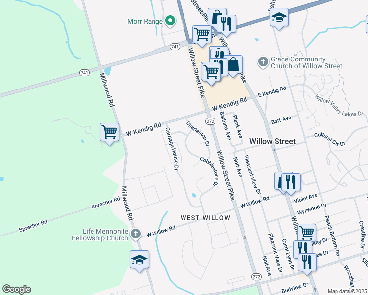 map of restaurants, bars, coffee shops, grocery stores, and more near 12 Cobblestone Drive in Willow Street