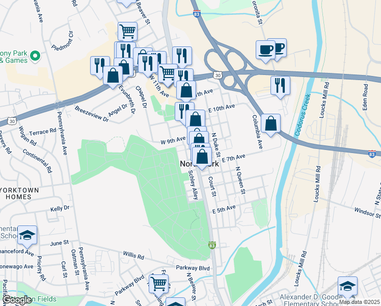 map of restaurants, bars, coffee shops, grocery stores, and more near 1206 North George Street in York