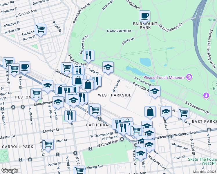 map of restaurants, bars, coffee shops, grocery stores, and more near 1550 North 50th Street in Philadelphia