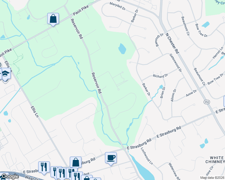 map of restaurants, bars, coffee shops, grocery stores, and more near 1414 Bramble Lane in West Chester