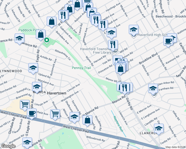 map of restaurants, bars, coffee shops, grocery stores, and more near 108 Yale Road in Havertown