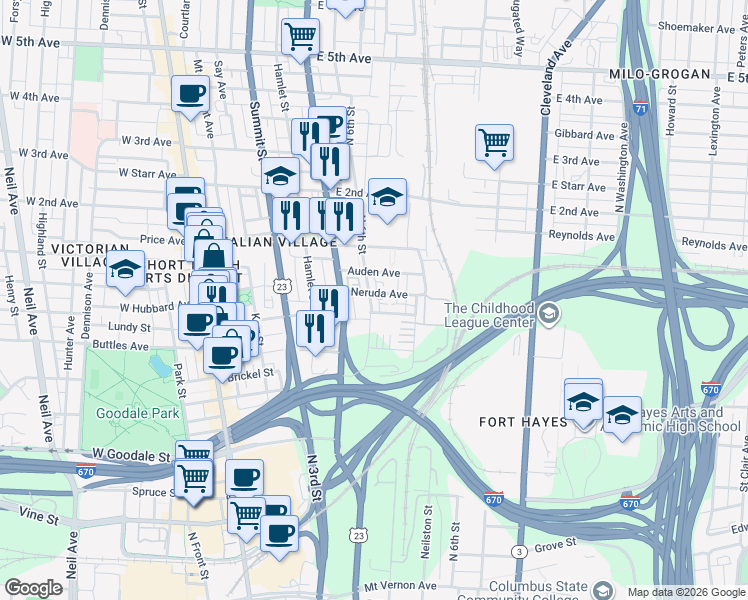 map of restaurants, bars, coffee shops, grocery stores, and more near 275 Auden Avenue in Columbus