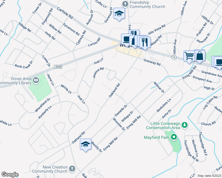 map of restaurants, bars, coffee shops, grocery stores, and more near 3101 Claremont Road in Dover