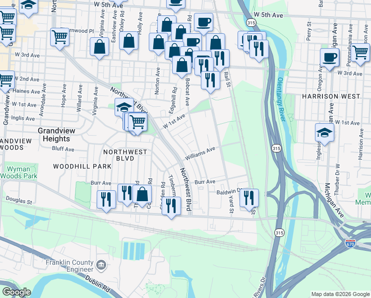 map of restaurants, bars, coffee shops, grocery stores, and more near 980 Pullman Place in Grandview Heights