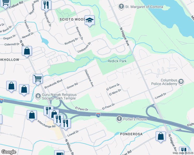 map of restaurants, bars, coffee shops, grocery stores, and more near 3254 Dover Road in Columbus