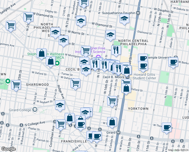 map of restaurants, bars, coffee shops, grocery stores, and more near 1627 North Bouvier Street in Philadelphia