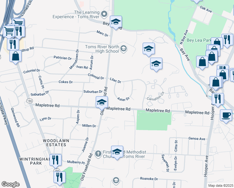 map of restaurants, bars, coffee shops, grocery stores, and more near 1176 Aster Drive in Toms River