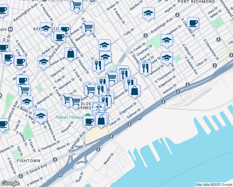 map of restaurants, bars, coffee shops, grocery stores, and more near 2527 East Albert Street in Philadelphia