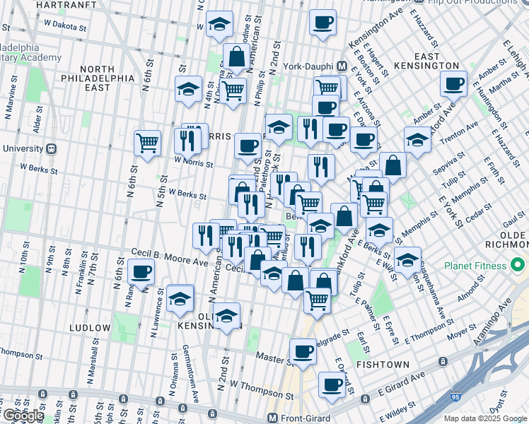 map of restaurants, bars, coffee shops, grocery stores, and more near 1846 North Hancock Street in Philadelphia