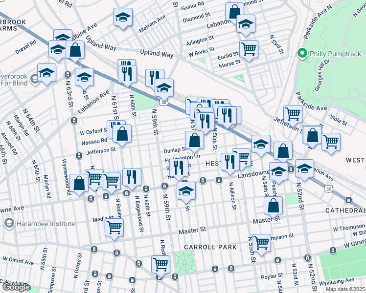 map of restaurants, bars, coffee shops, grocery stores, and more near 5737 Dunlap Street in Philadelphia
