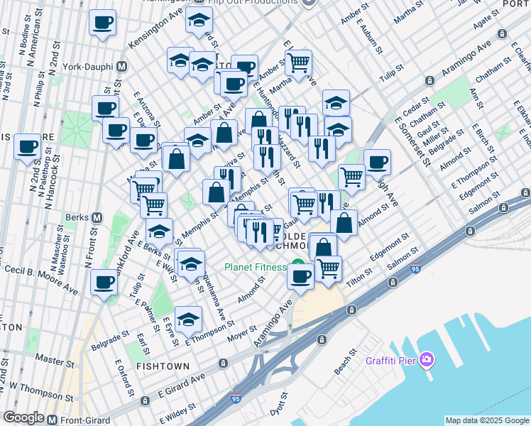 map of restaurants, bars, coffee shops, grocery stores, and more near 2447 Cedar Street in Philadelphia