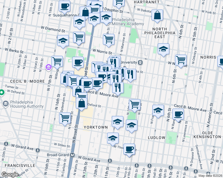 map of restaurants, bars, coffee shops, grocery stores, and more near 1100 West Montgomery Avenue in Philadelphia
