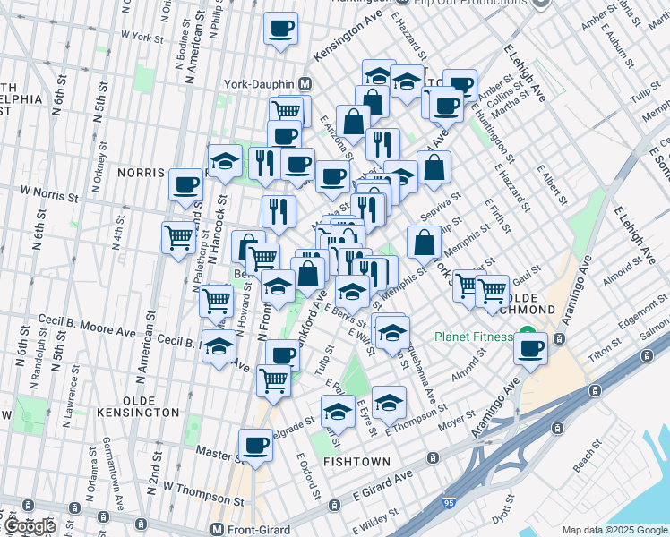 map of restaurants, bars, coffee shops, grocery stores, and more near 2028 Blair Street in Philadelphia